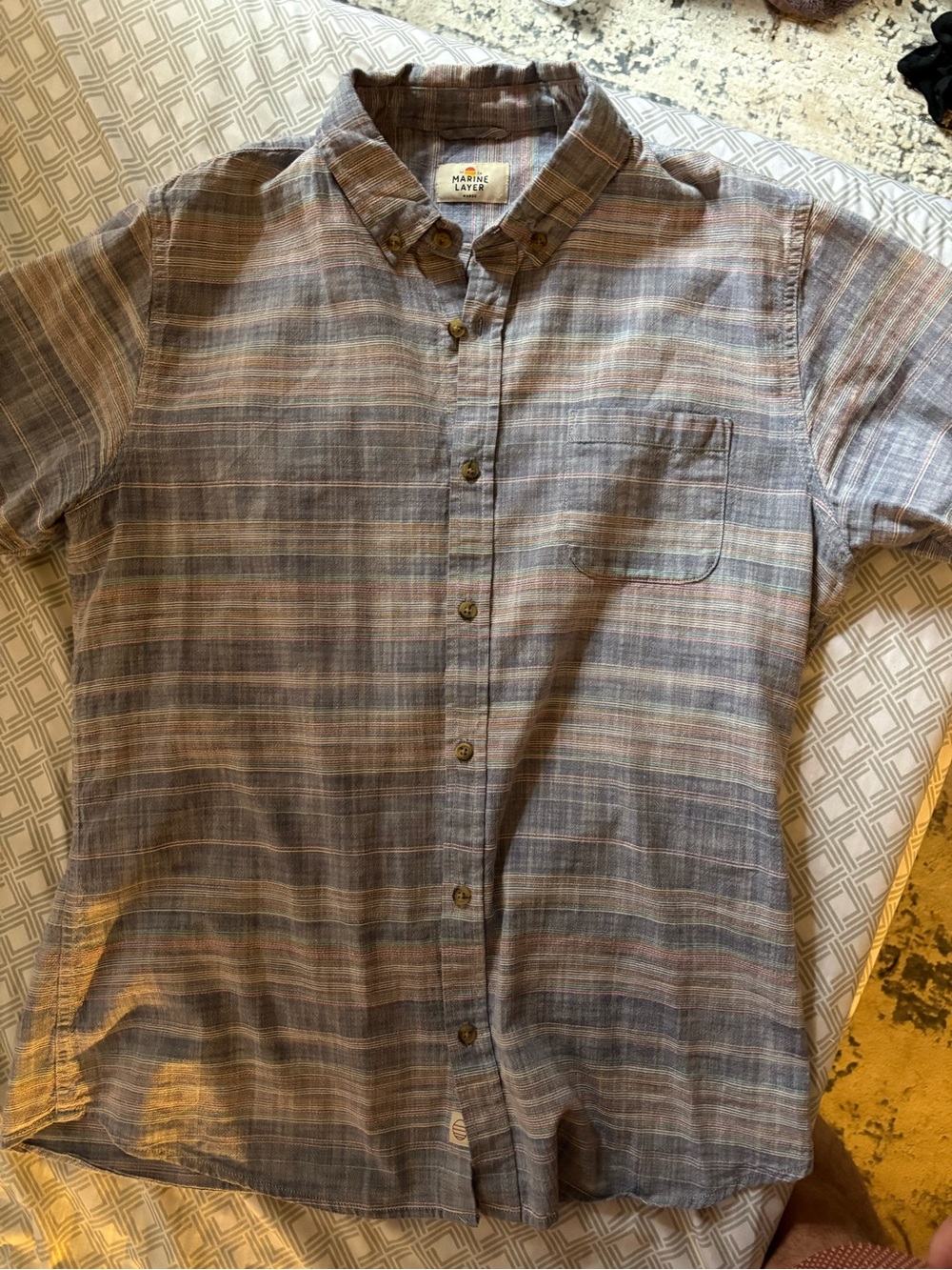 Marine Layer Men’s Short Sleeve Stretch Selvage Purple and Gray Striped Shirt ML